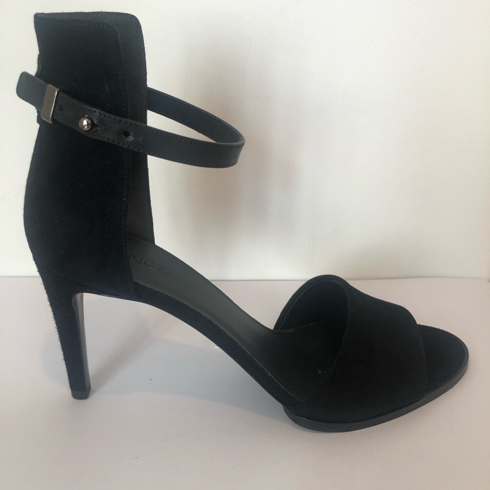Vince black suede ankle strap heels